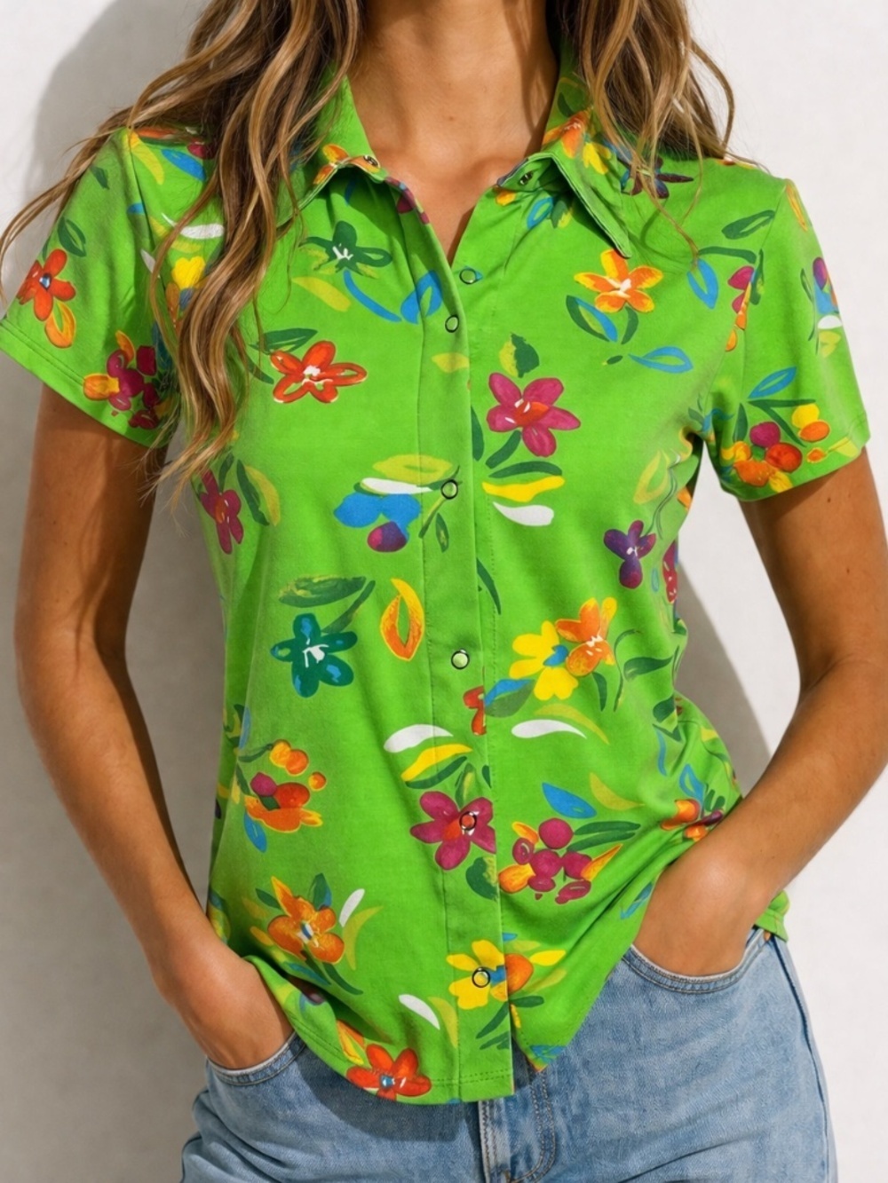 Henri Bendel Floral Snap Front Top Small Green Fitted Stretch Y2K Retro Blouse